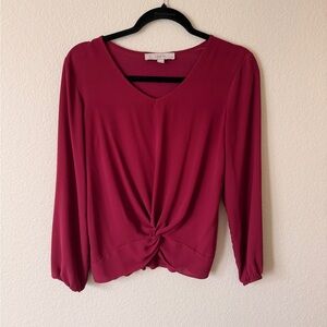 LOFT Burgundy V-Neck Twist Front Blouse
